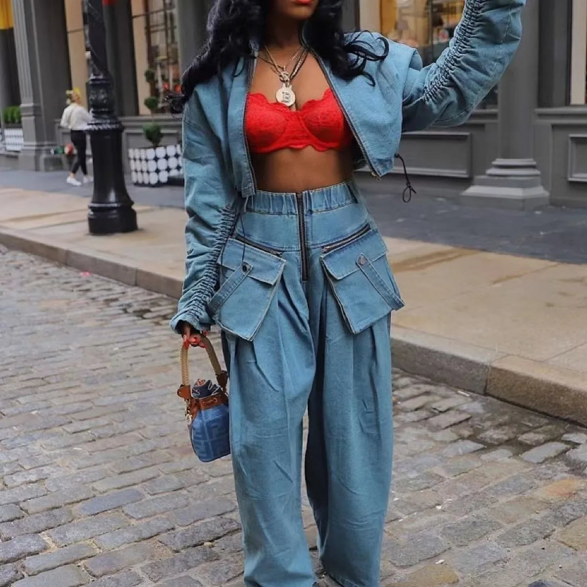 Ensemble Jean 2 Pièces Femme Vintage | Manteau & Pantalon Large Taille Haute | Fermeture Éclair | Streetwear