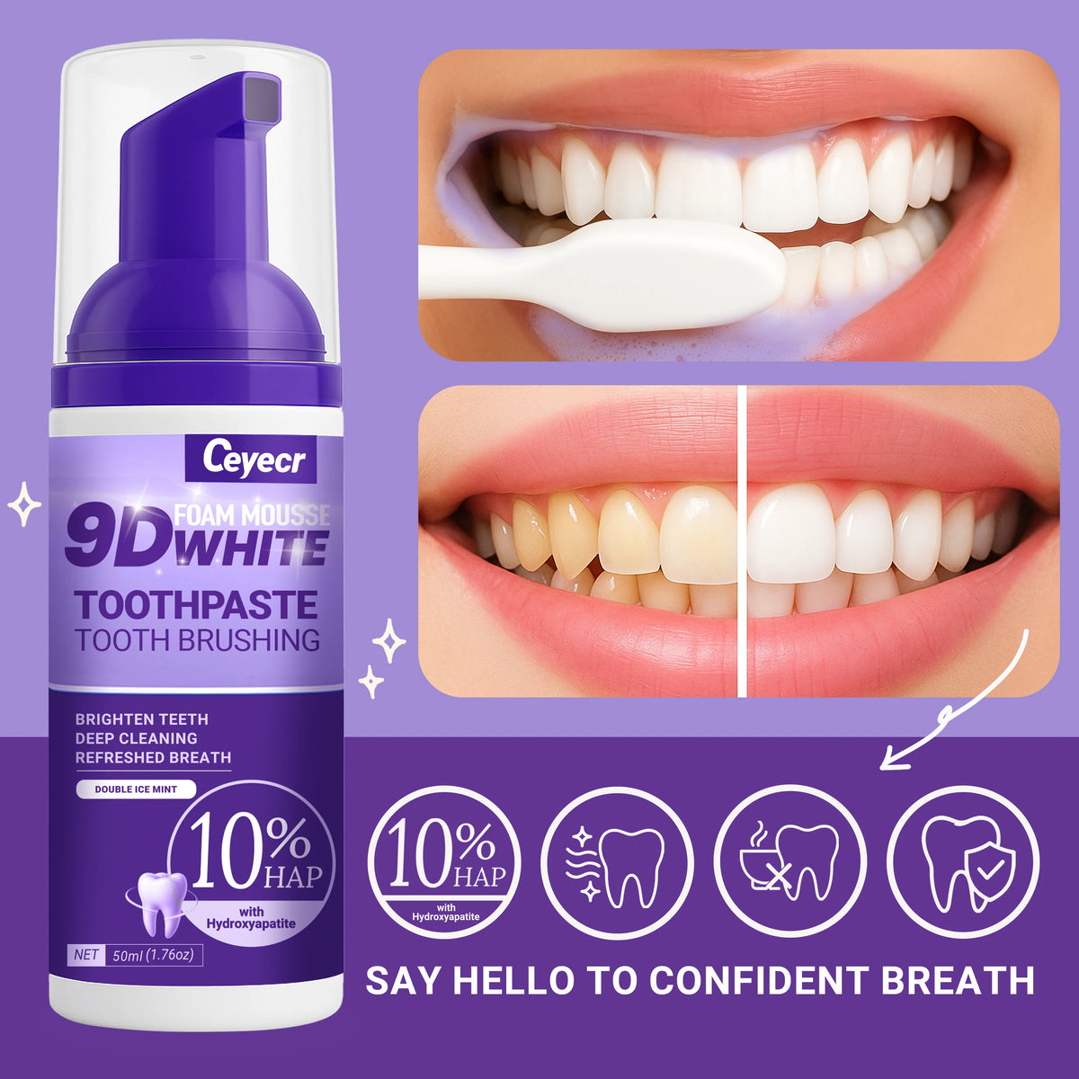 Mousse Dentifrice Blanchissante 9D | Élimine Dents Jaunes & Taches | Haleine Fraîche | Soin Dentaire