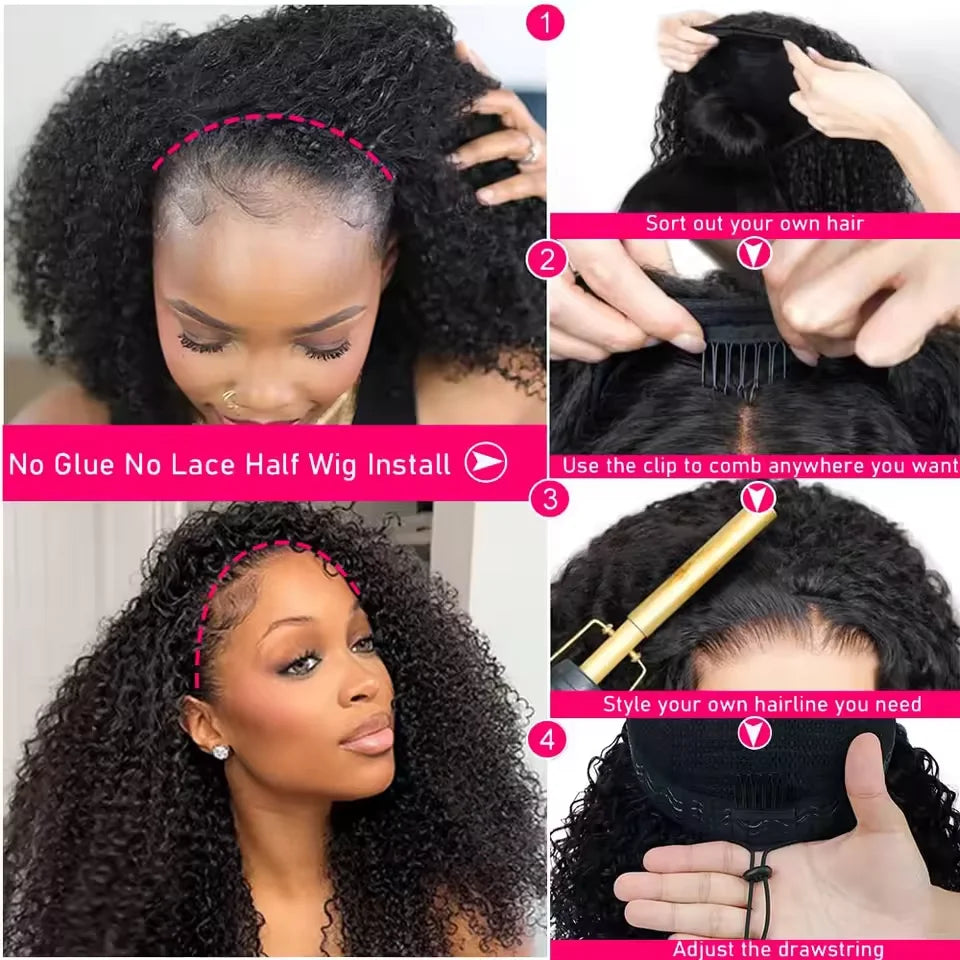 Perruque Kinky Curly Birmane | 300% Densité | 3-en-1 Demi-Perruque | Glueless | Cheveux Humains Brésiliens