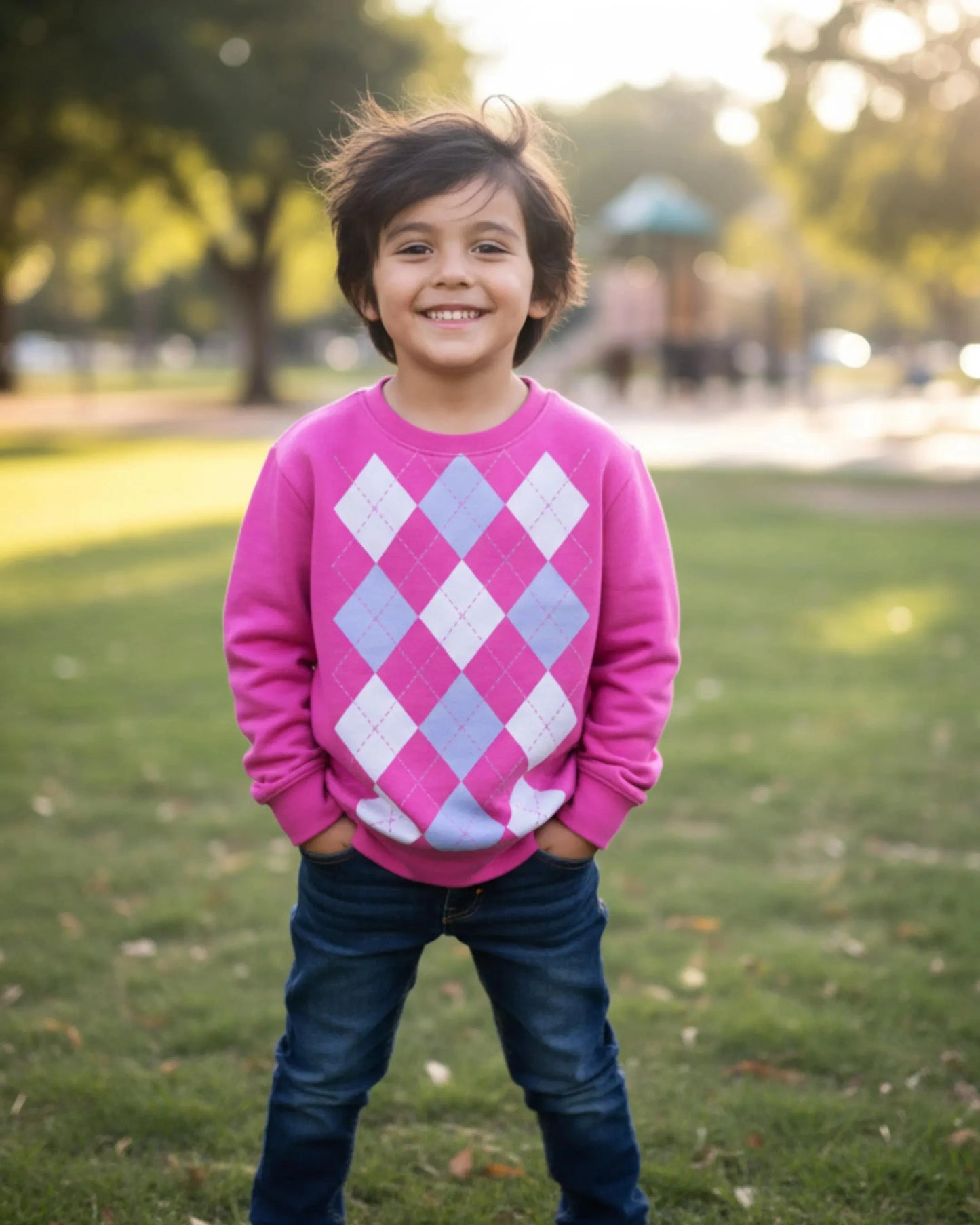 Kids' Fall/Winter Fashion Staple: Pink Diamond Round Neck Hoodie, Blending K-POP and Preppy Style, Versatile and Comfortable