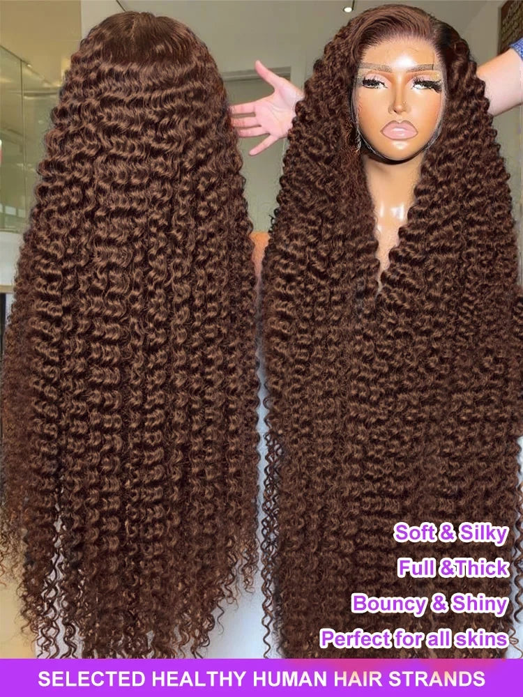 250 Density Chocolate Brown Deep Wave Human Hair Wig 30-38 Inch Transparent Lace Frontal Wigs 13x6 Lace Front Water Curly Wigs