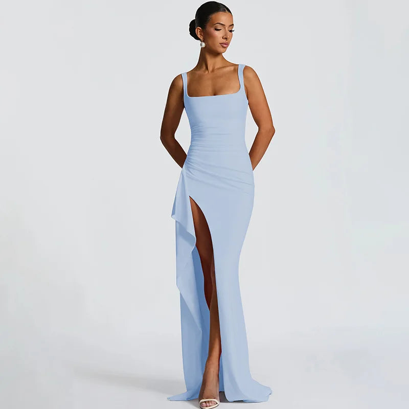 Robe Midi Bodycon Soirée Femme | Bretelles Spaghetti | Col Carré Fente | Sexy Formelle Prom | Longue Gala