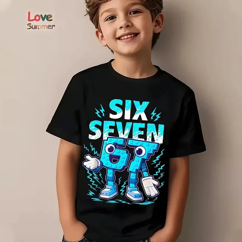 Boys' T-Shirt 6-7 Years T-Shirt 67 Number Print Casual Italian Brainrot Summer Top Suitable for Funny Gift for Casual Attire