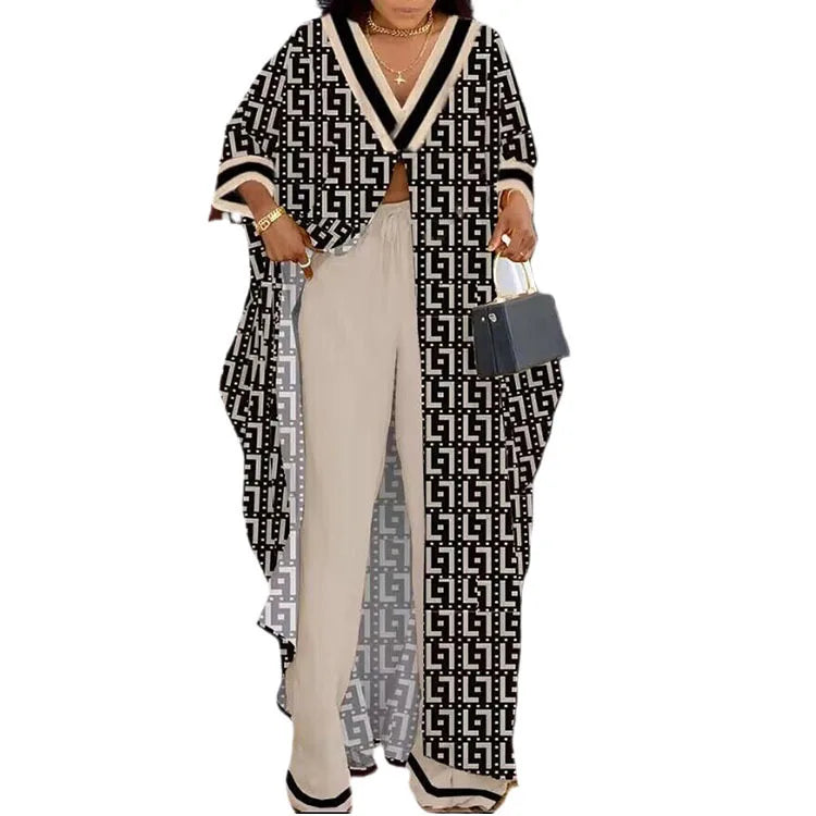 Plus Size Two-piece Set Women's Outfits Elegant V-neck Button-up Printed Seven-quarter Sleeve Blouse and Drawstring Pants Suit