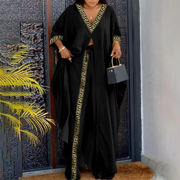 Plus Size Two-piece Set Women's Outfits Elegant V-neck Button-up Printed Seven-quarter Sleeve Blouse and Drawstring Pants Suit