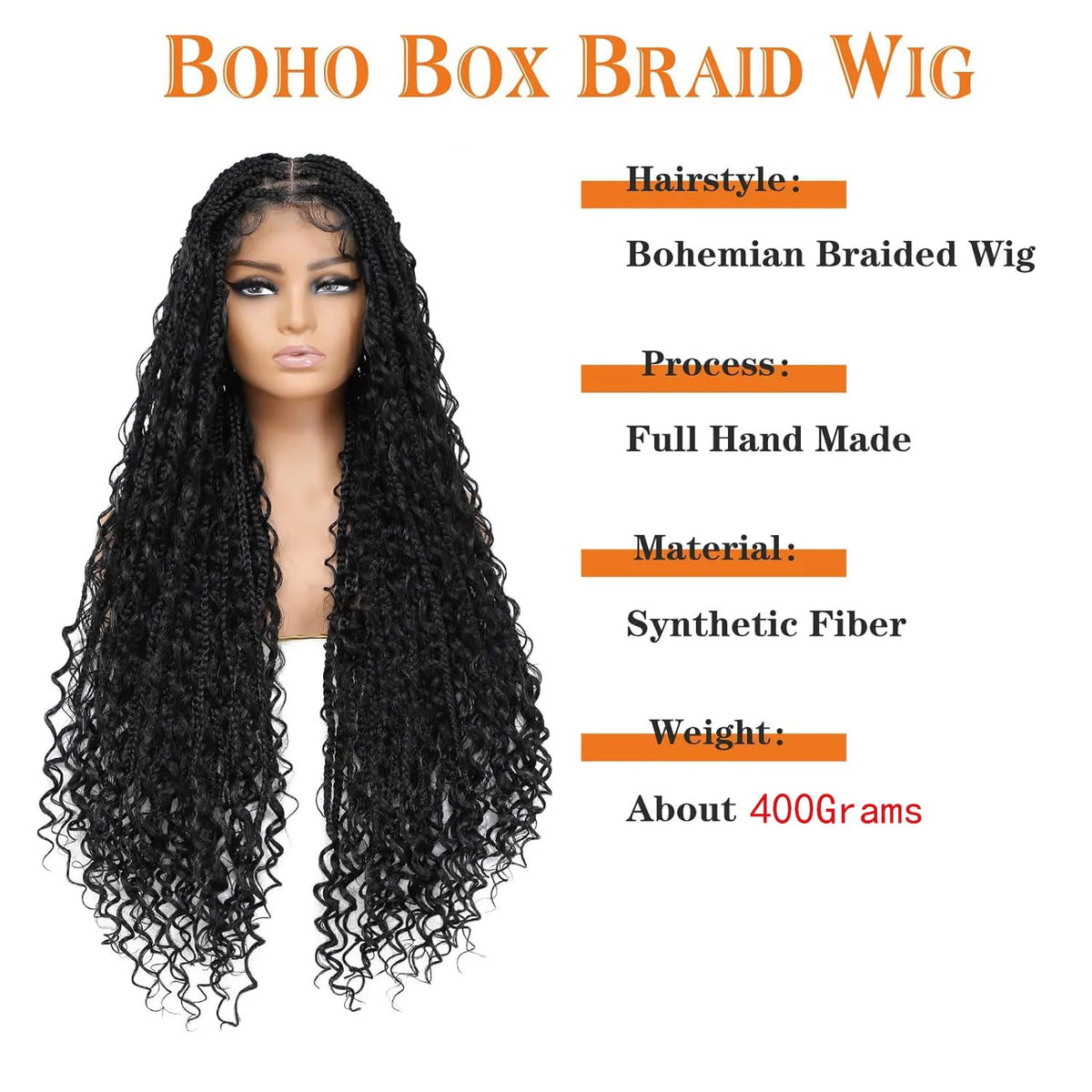 Perruque Tressée Bohème Longue Synthétique | Boho Box Braids | Full Lace | Baby Hair | Femmes Noires