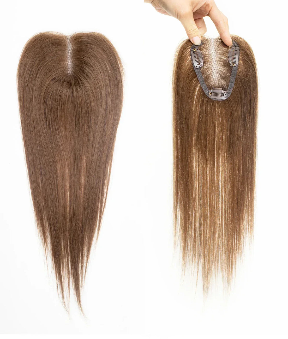 100% Human Hair Toppers Wigs with Bangs Silk Base Clip-in Hair Extensions for Women 16-inch Topper Hair
