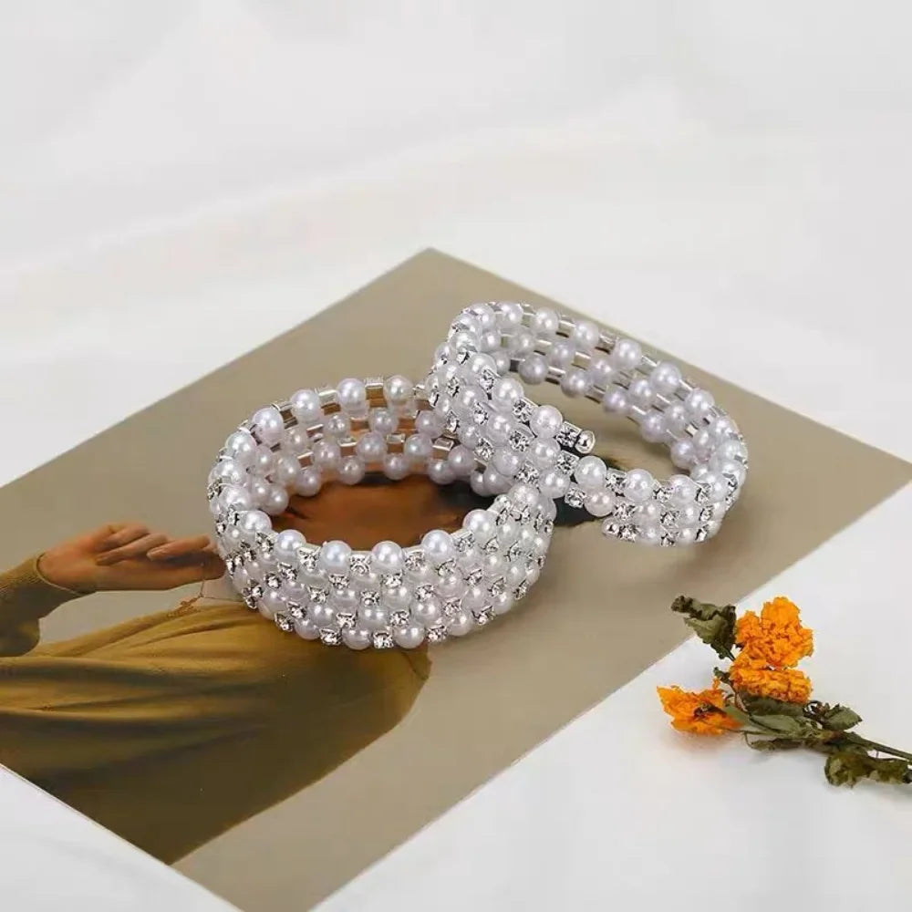 Elegant Multi-Layer Pearl Bracelet Adjustable Crystal Beaded Bangle for Women Wristband Bridal Jewelry Weddings Party Gifts