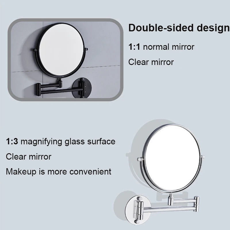 360° Rotating Double-Sided Wall Mirror - Aluminum Alloy Bathroom Makeup Mirror with 3X Magnification, Foldable & Angle-Adjustable