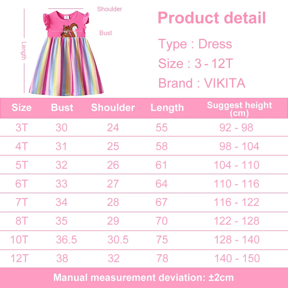 Girls Squirrel Embroidery Dress Kids Ruffle Sleeve Pink Cotton Casual Straight Dress Girl Rainbow Striped Cute Daily Wear Outfit