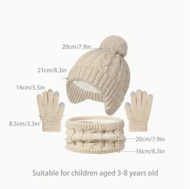 3pcs Kids Winter Warmth Set with Hat, Scarf & Gloves - Soft Pink &, Machine Washable, Polyester-Filled, Perfect for Outdoor