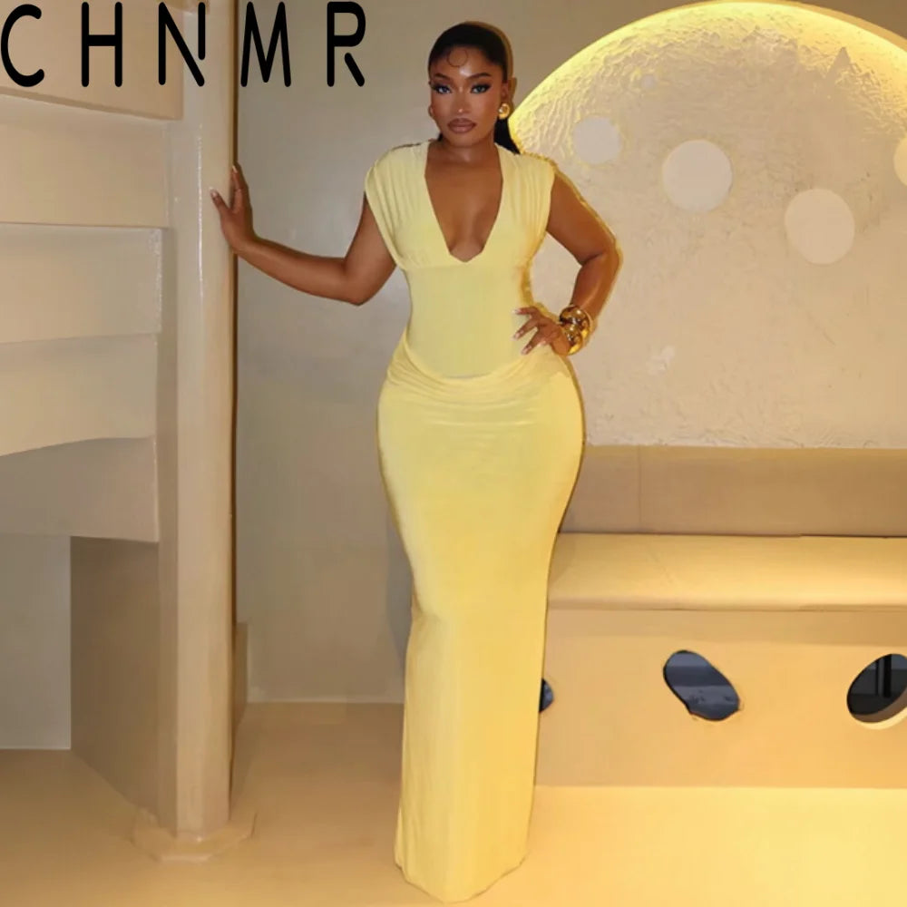 Robe Maxi Bodycon Jaune Froncée | Col V Sans Manches | Slim Longue | Soirée & Club | Femme