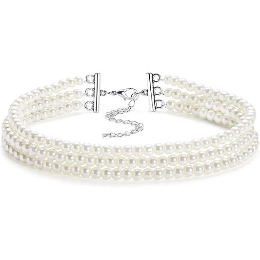 Collier Perle Blanche Multicouche 3-5 Rangées | Choker Bohème | Bijou Mariage Anniversaire Femme