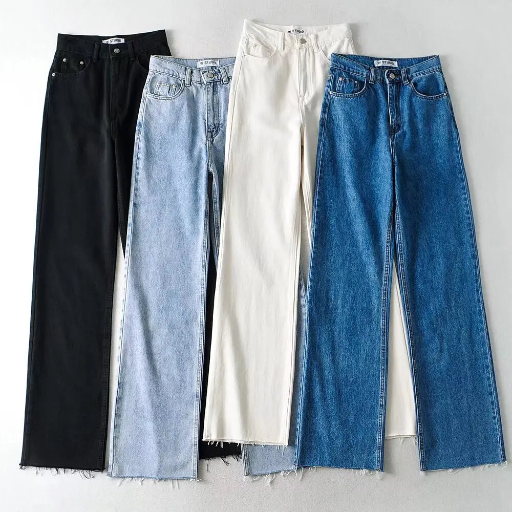 Jean Femme Taille Haute 2025 | Printemps-Automne | Décontracté Droit | Ourlet Brut Longueur Sol | Vintage