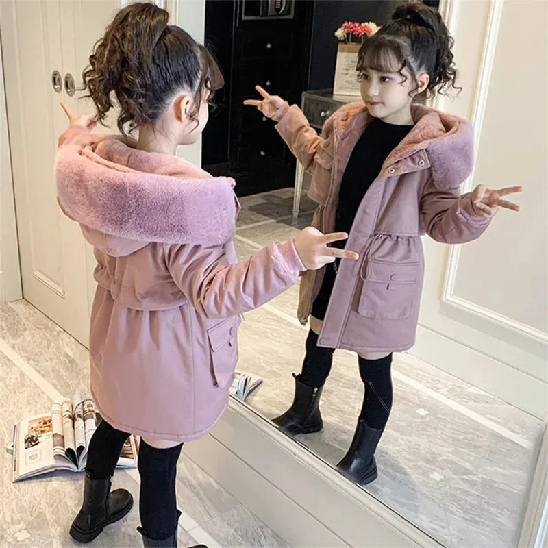 Thick Girls' Jackets Plush Velvet Fur Collar Kids' Coats Children's Winter Warm Hooded Outerwear Teenager Fashion Padded Parka