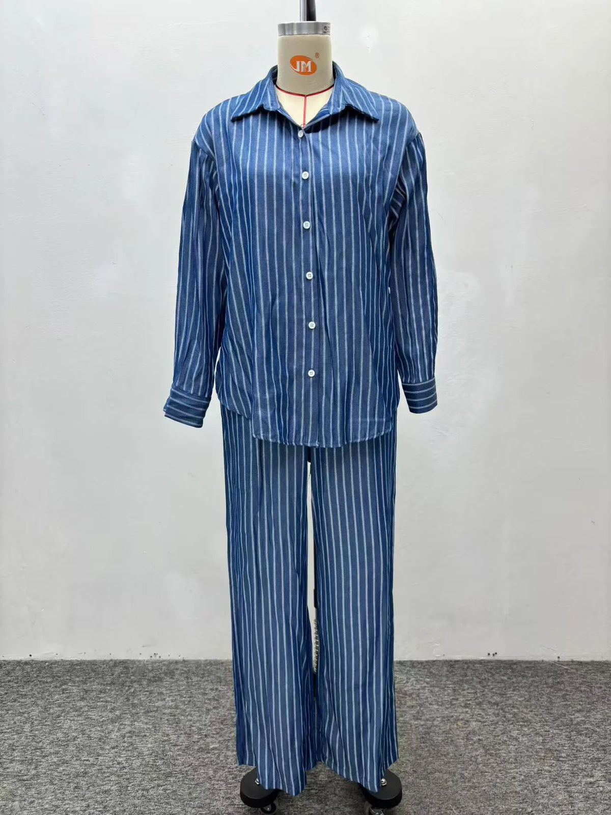 Ensemble 2 Pièces Femme Y2K | Chemise Col Rabattu Rayée & Pantalon Large Taille Haute | Streetwear