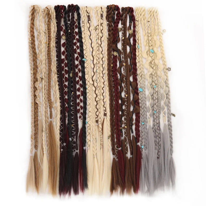 Bohemian Long Hair Braid Hand-Woven Wig Braid with Decorative Hair Accessories Easy-to-Wear Synthetic Hair Clip Braid synthetic
