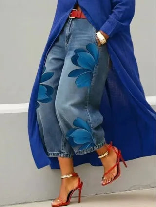 Jean Floral Imprimé Streetwear Femme | Taille Haute Ample | Jambe Large Décontracté | Grande Taille