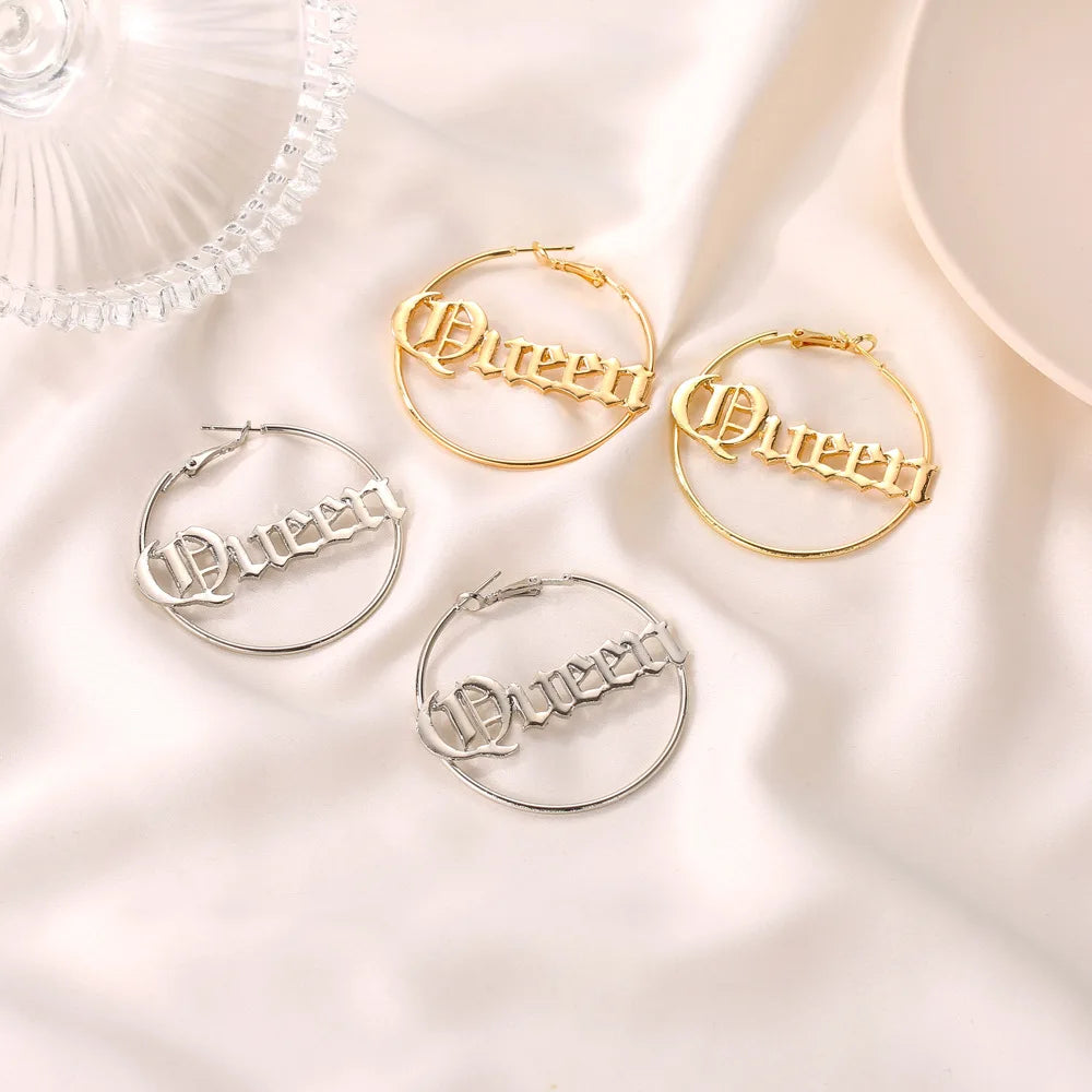 New Simple Big Circular Hyperbole Personalized Letter Hoop Earrings For Women Fashion Hollow Round Jewelry Gift