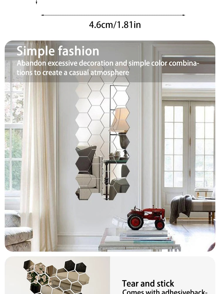 Hexagonal Mirror Wall Decals | Self-Adhesive 3D Acrylic Decorative Mirrors | Creative Wall Decals for Living Rooms and Bedrooms