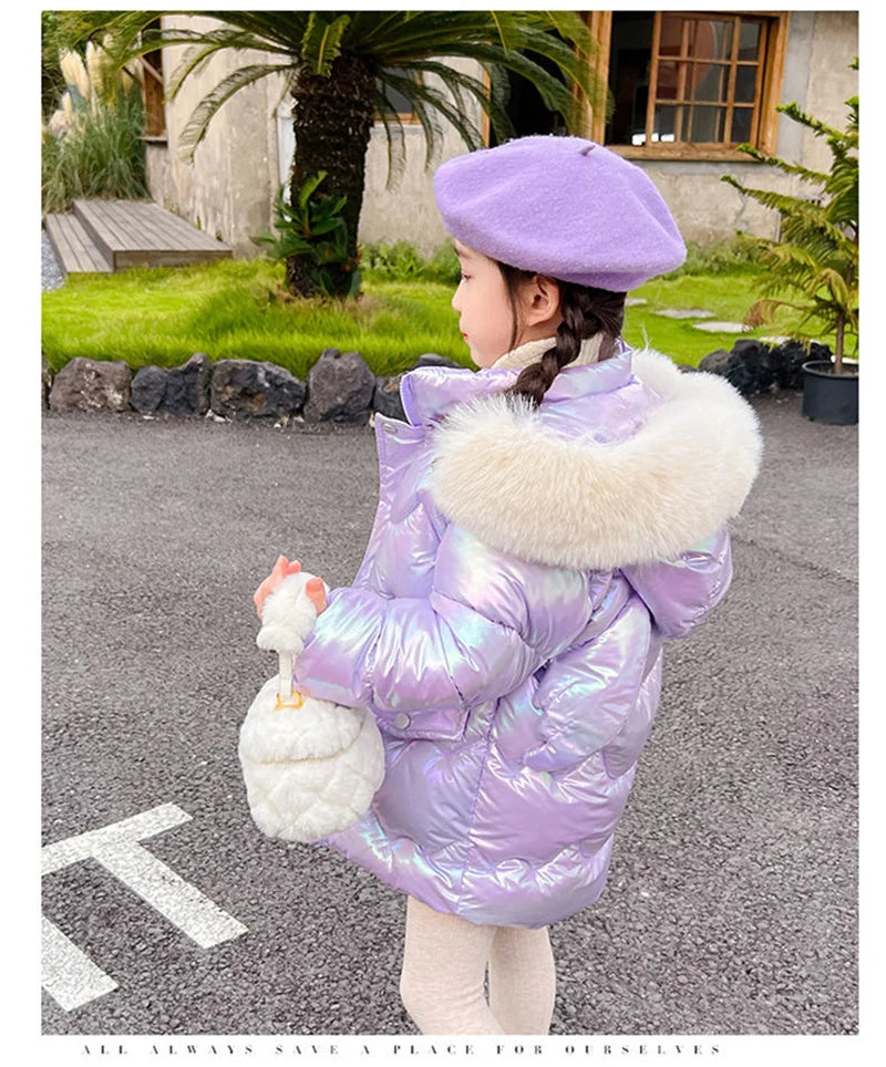 Doudoune Longue Fille Licorne | Imperméable Brillante | Col Fourrure Capuche | Parka Enfant Hiver