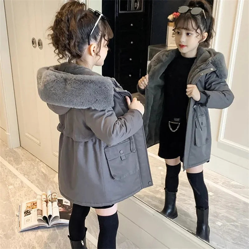 Thick Girls' Jackets Plush Velvet Fur Collar Kids' Coats Children's Winter Warm Hooded Outerwear Teenager Fashion Padded Parka