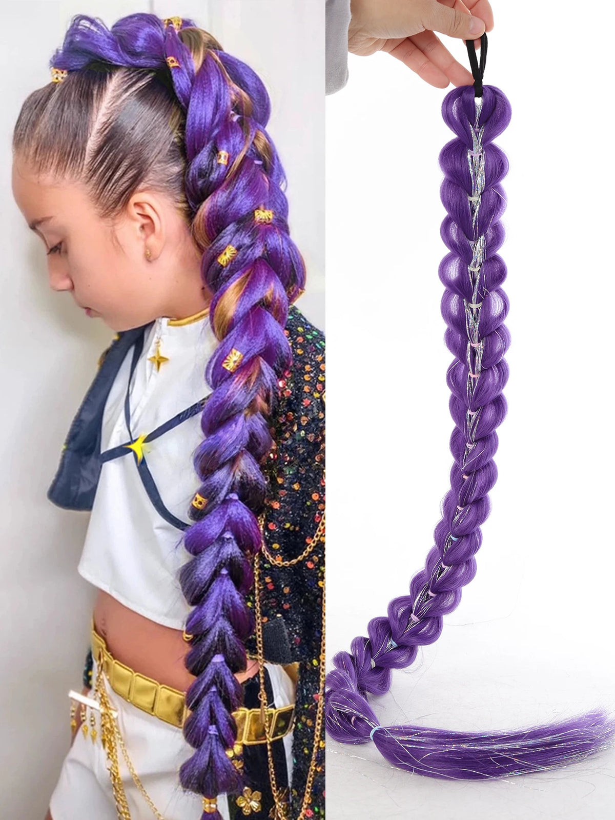 Queue de Cheval Tressée Violette | 32 Pouces | Tinsel Brillant | Extensions Super | Cosplay & Noël | Enfants & Filles