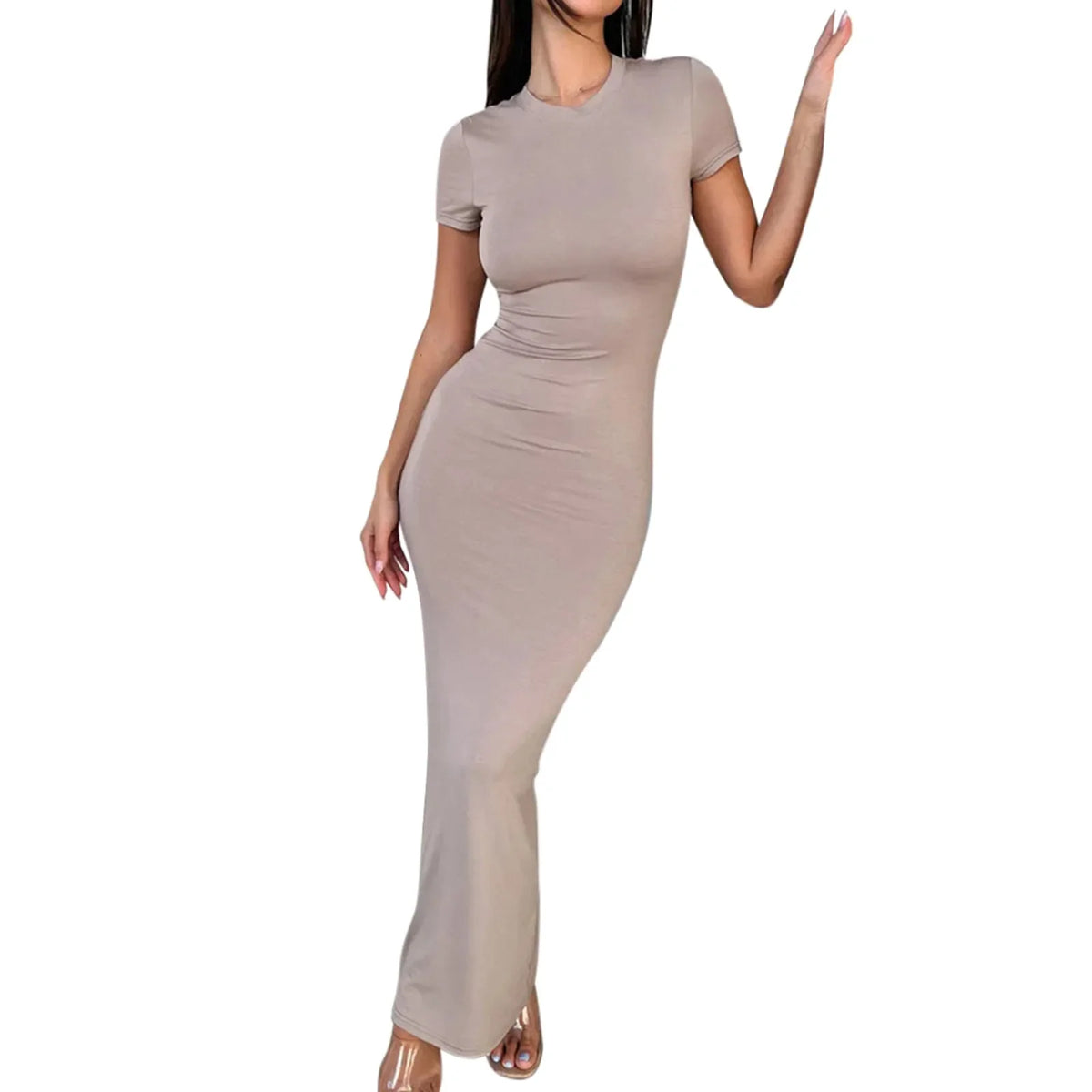 Sexy Skinny Women's Bodycon Party Dress Fashion O-neck Short Sleeve Solid Color Wrapped Hip Package Long Dress Female Sexy Dress