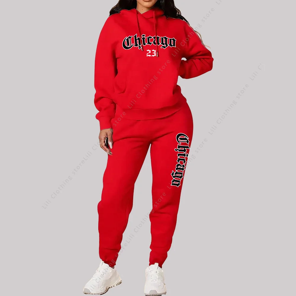 Jogging Femme 2 Pièces | Sweat Capuche & Pantalon | Imprimé Chicago Lettre | Grande Taille Rose
