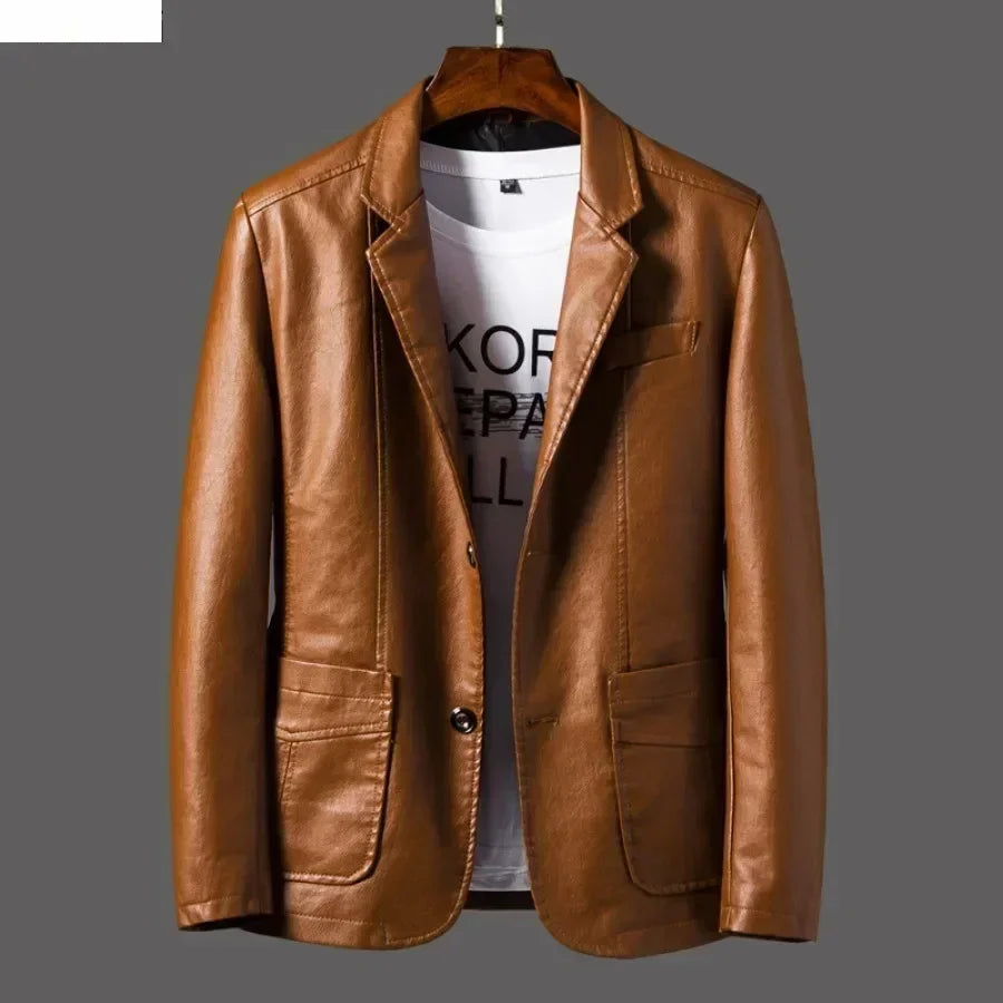 New Leather Jacket Men's Business Casual Lapel PU Leather Blazers Fashion Solid Slim Korean Style Leather Coat Big Size 6XL