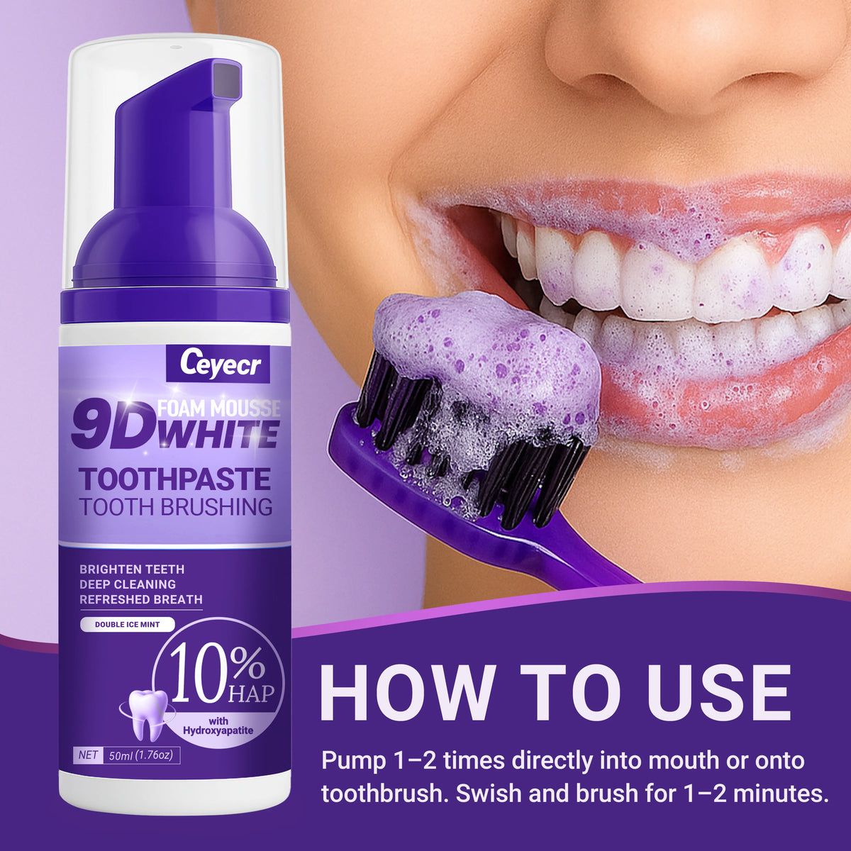 Mousse Dentifrice Blanchissante 9D | Élimine Dents Jaunes & Taches | Haleine Fraîche | Soin Dentaire