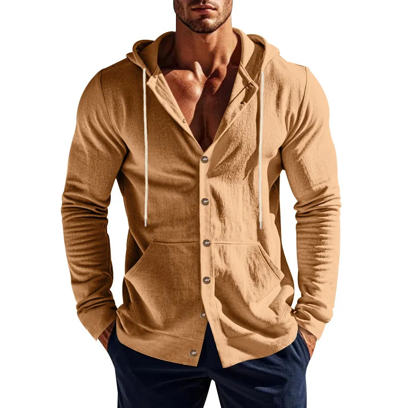 Men's Linen Hoodie Shirt Casual Slim Fit Hooded Long Sleeve Solid Button Down T-shirt Tops New Men Spring Summer Vacation Shirts