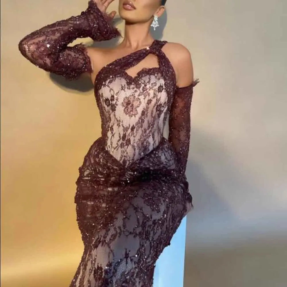 Customized Draped Soft Evening Dresses One Shoulder Lace Special Occasion Dress with Detachable Sleeve Burgundy Long Gown