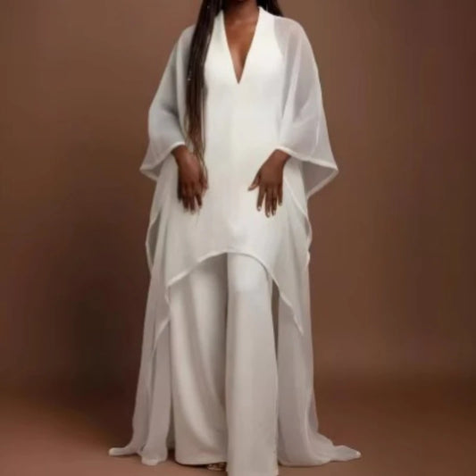 Pant Set Women Two Piece Sets V Neck Full Sleeve Mid Length Tops Wide Leg Long Pants High Waist Y2k Streetwear Elegant Casual