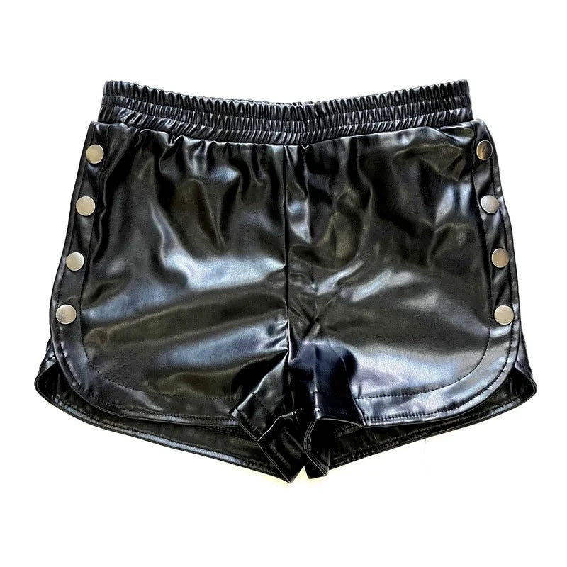 Women Faux Leather Shorts High Waist Side Button Elastic Waist Black Latex Trousers Casual Outfits Streetwear Biker Shorts