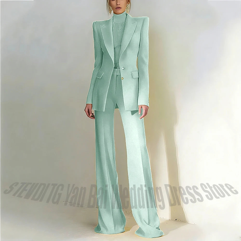 Women's Pant Suit 2 Piece Set Office Female Business Work Formal Jacket Trouser One Button Chic Yellow Peaked Lapel Elegant Suit