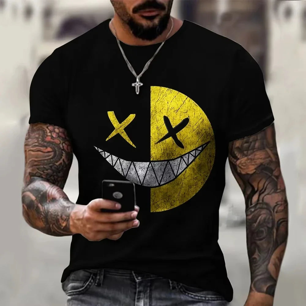 2026 New Oversized T-Shirt for Men, Casual Short Sleeve Hip Hop Smiling Face Print, Plus Size Tee Shirt Pullover, Men's T-Shirt Top