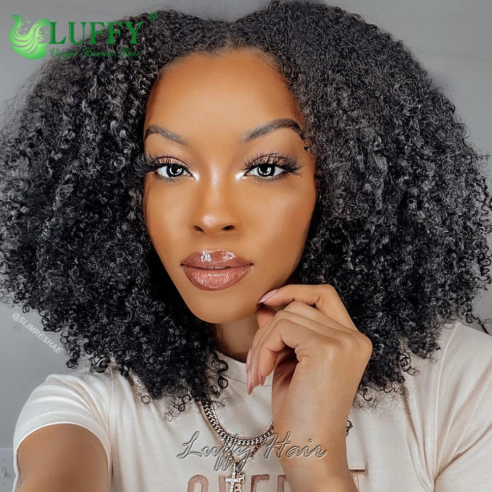 Perruque Afro Kinky Curly U/V Part | 1x4 | 200% Densité | Sans Laisse | Cheveux Humains Brésiliens | Femmes Noires