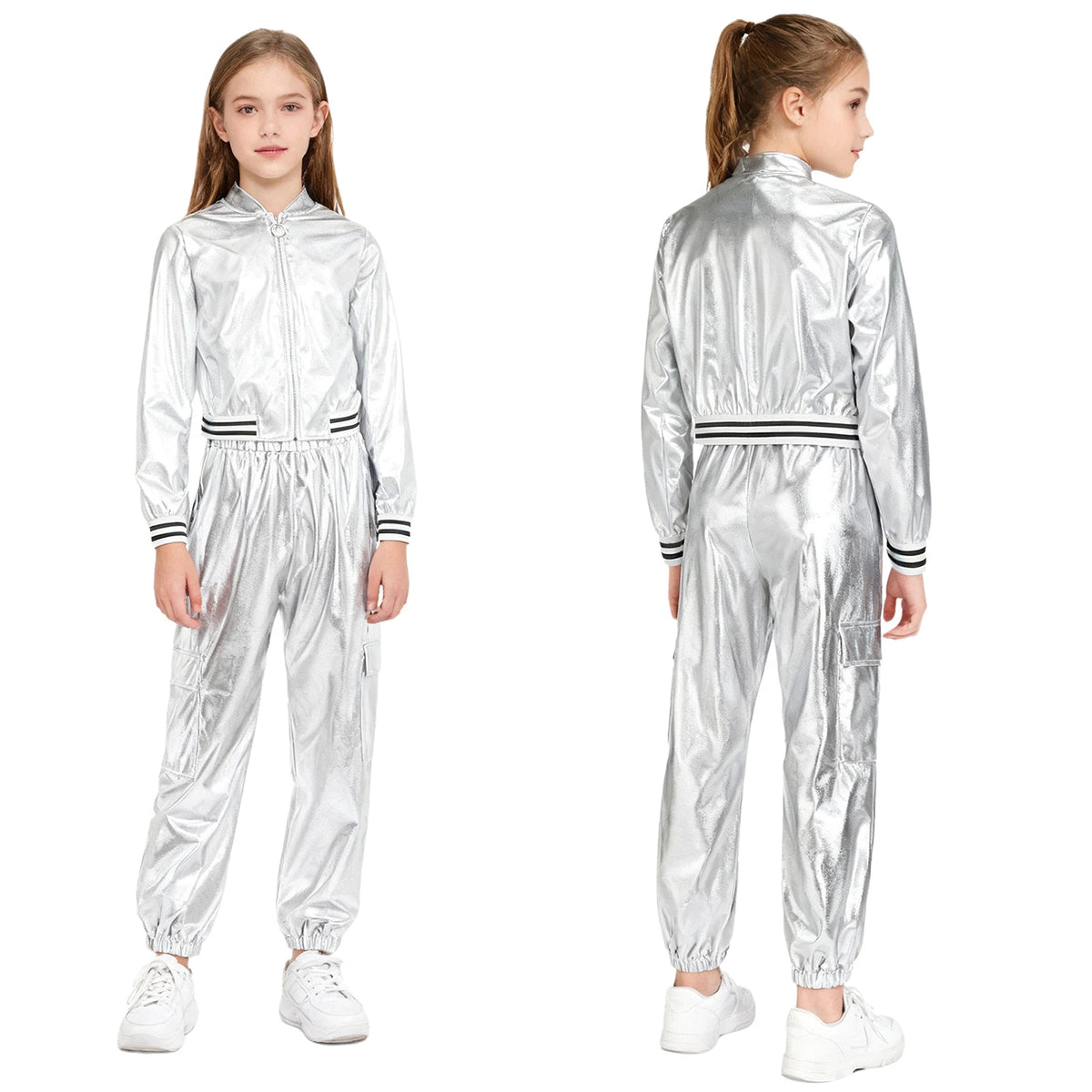 Ensemble Danse Fille Hip Hop | Veste Bomber Métallique & Pantalon | Costume Scène Carnaval Jazz