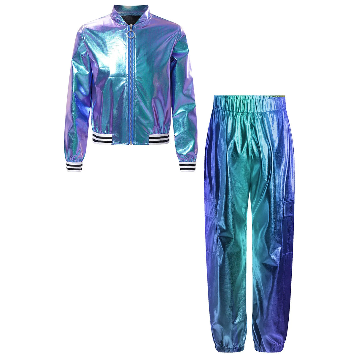 Ensemble Danse Fille Hip Hop | Veste Bomber Métallique & Pantalon | Costume Scène Carnaval Jazz