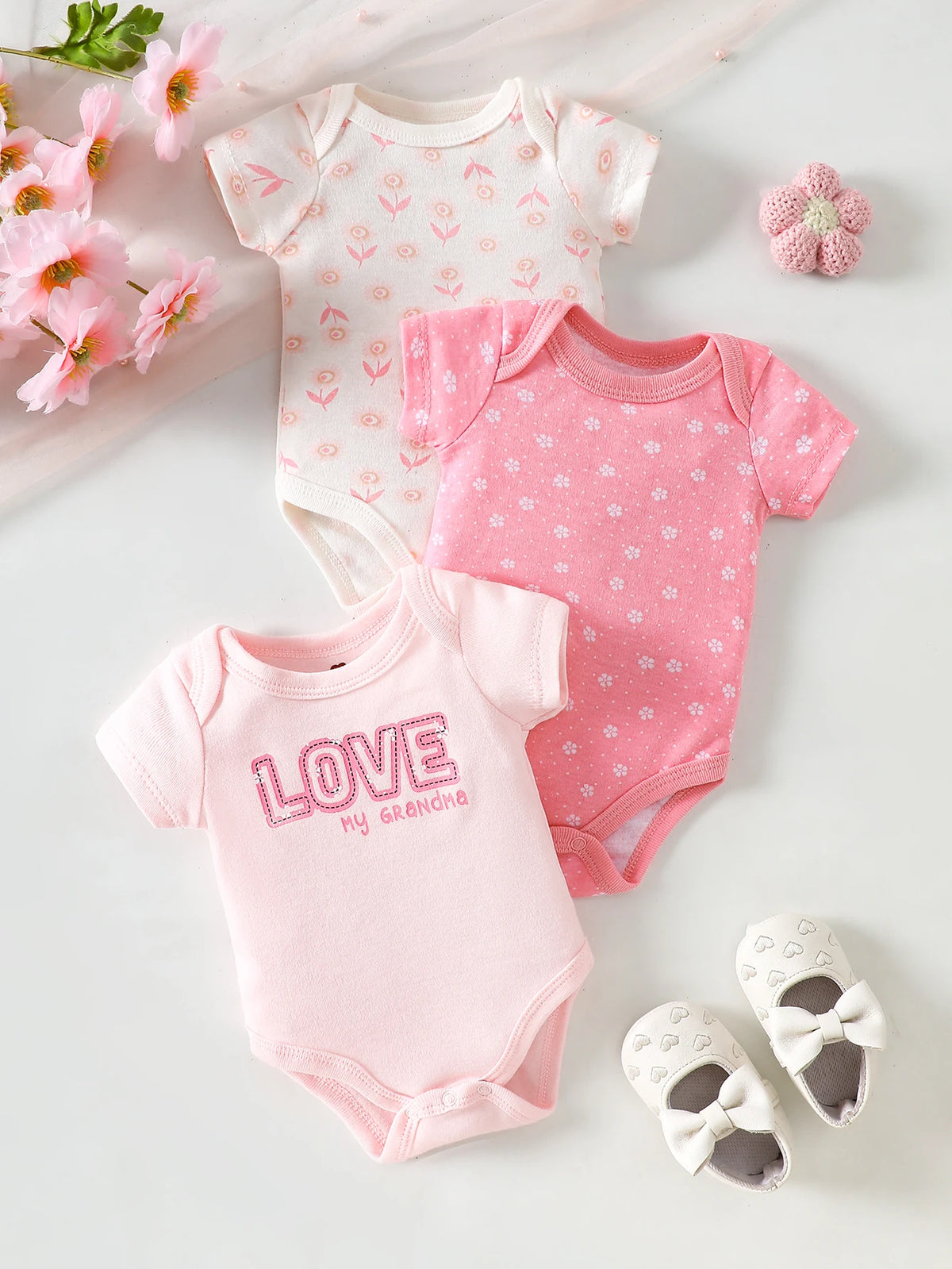 3-Piece Baby Bodysuits | 100% Cotton | Pink LOVE Print | For 0-9 Months Infants