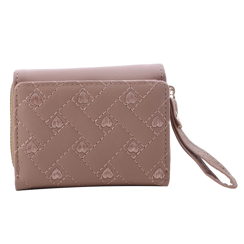Women's Tri-Fold Wallet PU Card Holder Multi-Object Pocket Short Fashion Embroidered Love Pattern Korean Minimalist New 2023