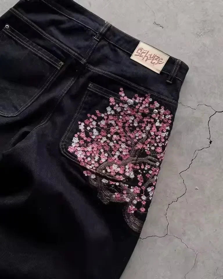 Jean Taille Basse Hip Hop | Fleurs Cerisier Brodé | Jambe Large Unisexe | Y2K Vintage Baggy