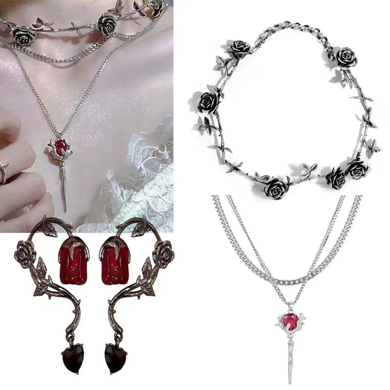 Double Layer Red Crystal Rose Pendant Necklace Layered Necklaces Thorn Rose Clavicle Chain Choker Earrings Goth Jewelry Set Gift