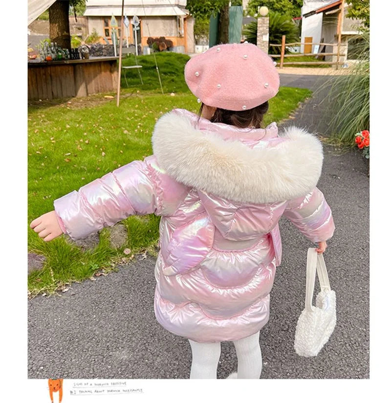 Doudoune Longue Fille Licorne | Imperméable Brillante | Col Fourrure Capuche | Parka Enfant Hiver