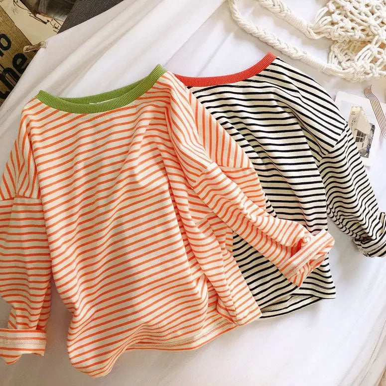 Boys and Girls Long-Sleeved T-shirt, Children's Base Layer, Spring and Autumn Pure Cotton Casual Versatile Striped Baby Top