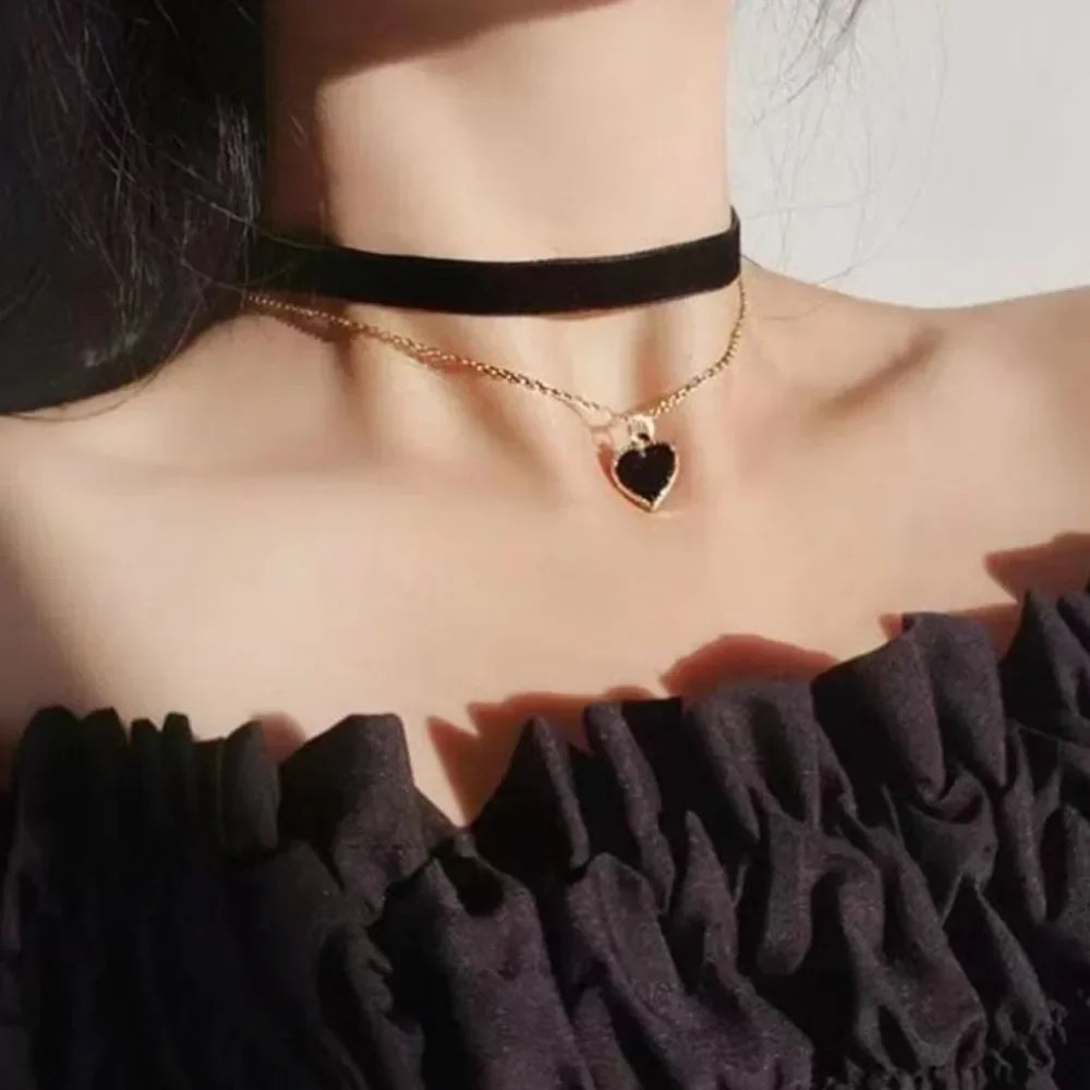 Heart Pendant Choker Clavicle Chain Necklace for Women Girls Aesthetic Gothic Multi Layer Black Peach Jewelry