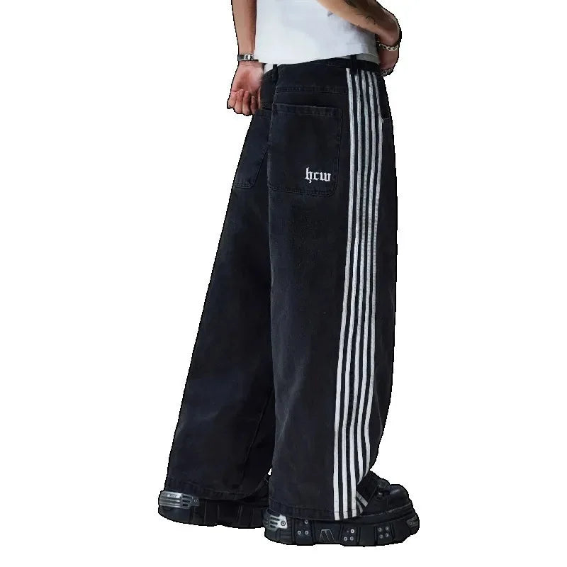 American Harajuku Style Baggy Jeans Y2K Streetwear Striped Denim Pants Men Women Casual Wide Leg Trousers Trendy High Street Pants