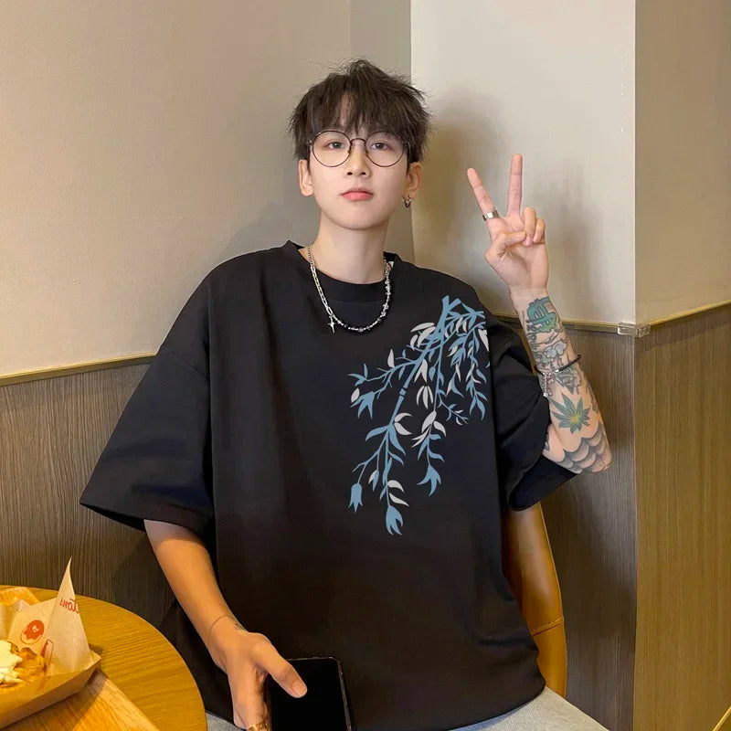 T-Shirt Homme Oversize Coton | Blanc | Imprimé Bambou | Jusqu'au 5XL | Casual Été Mode