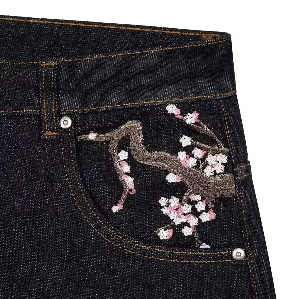 Jean Taille Basse Hip Hop | Fleurs Cerisier Brodé | Jambe Large Unisexe | Y2K Vintage Baggy